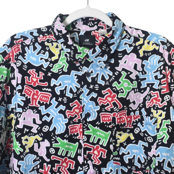 H&M Keith Haring Art Print Colorful Men's Cotton Short Sleeve Button Shirt L - Picture 1 of 8